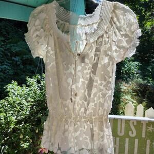 Kenar Women's Delicate White Floral Lace Blouse with Smocked Waist Small
